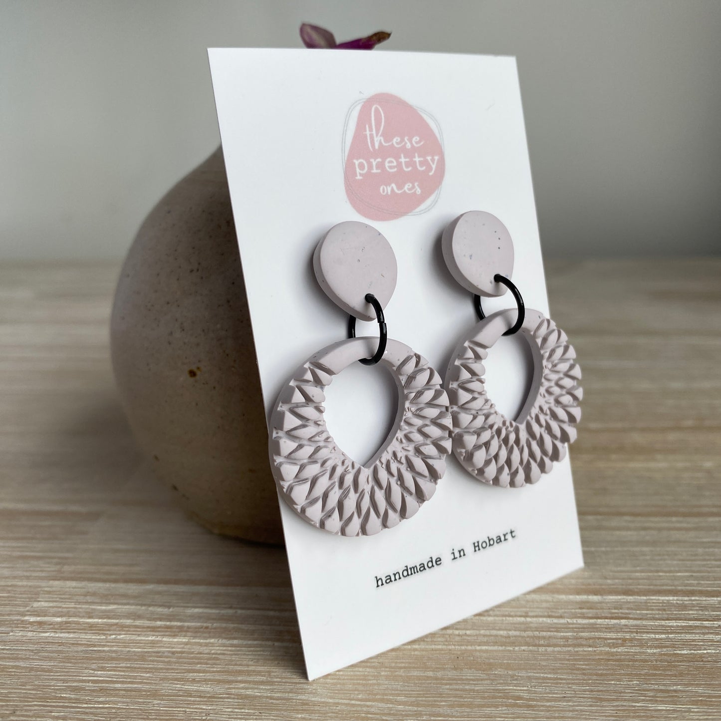 ‘Smokey Taupe’ Midi Dangles: Embossed Donut