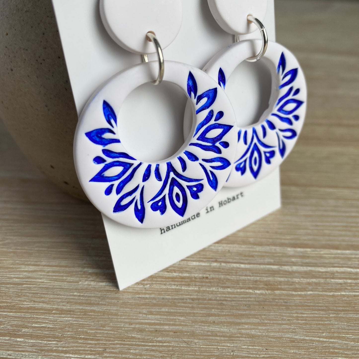 ‘Mandala Donut' Statement Dangles: White and Cobalt