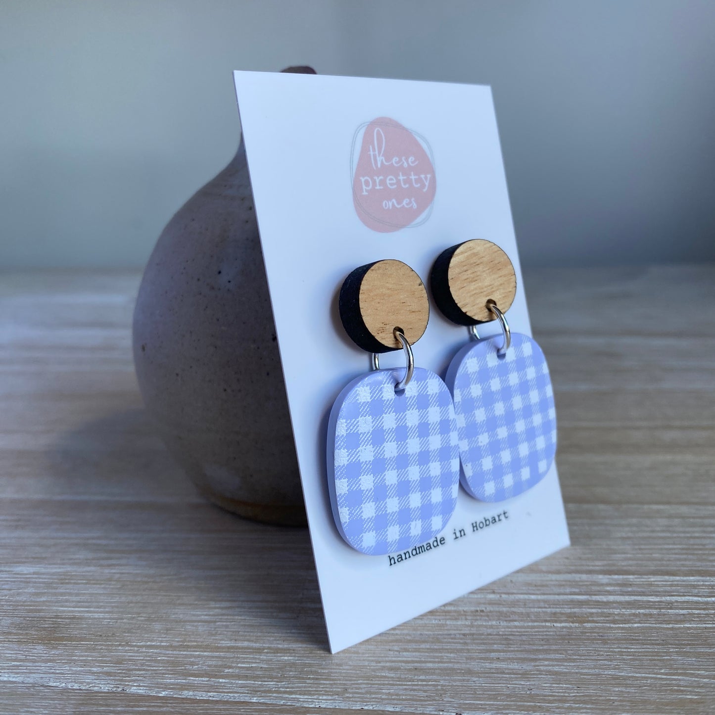 'Lilac Gingham' Midi Dangles: Oak Stud Tops