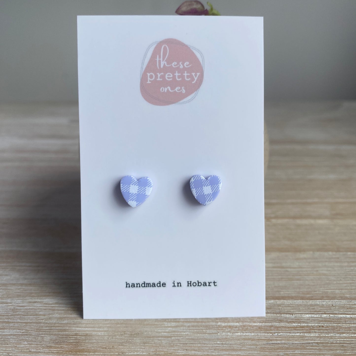'I Heart You' Mini Studs: Lilac Gingham