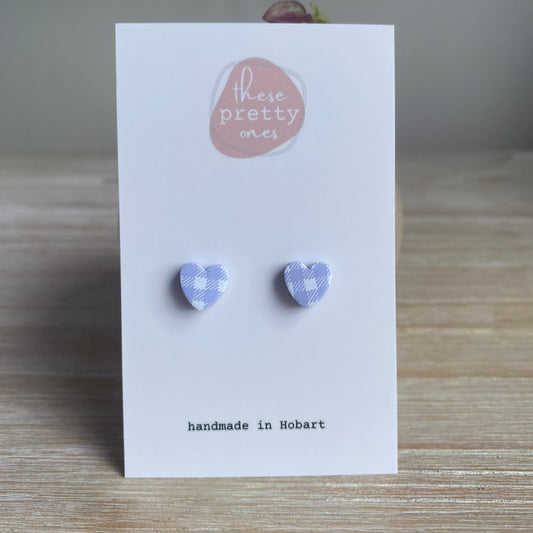 'I Heart You' Mini Studs: Lilac Gingham