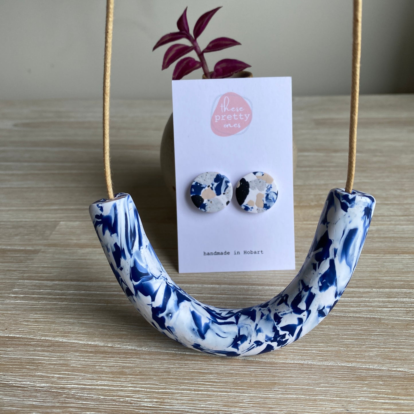 Studs + Tube Necklace: Navy Marble