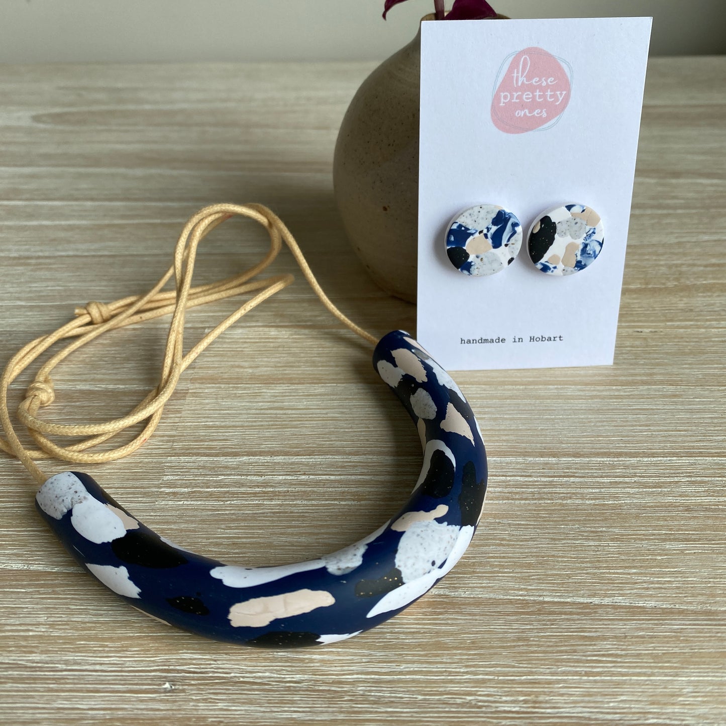 Studs + Tube Necklace: Navy Terrazzo