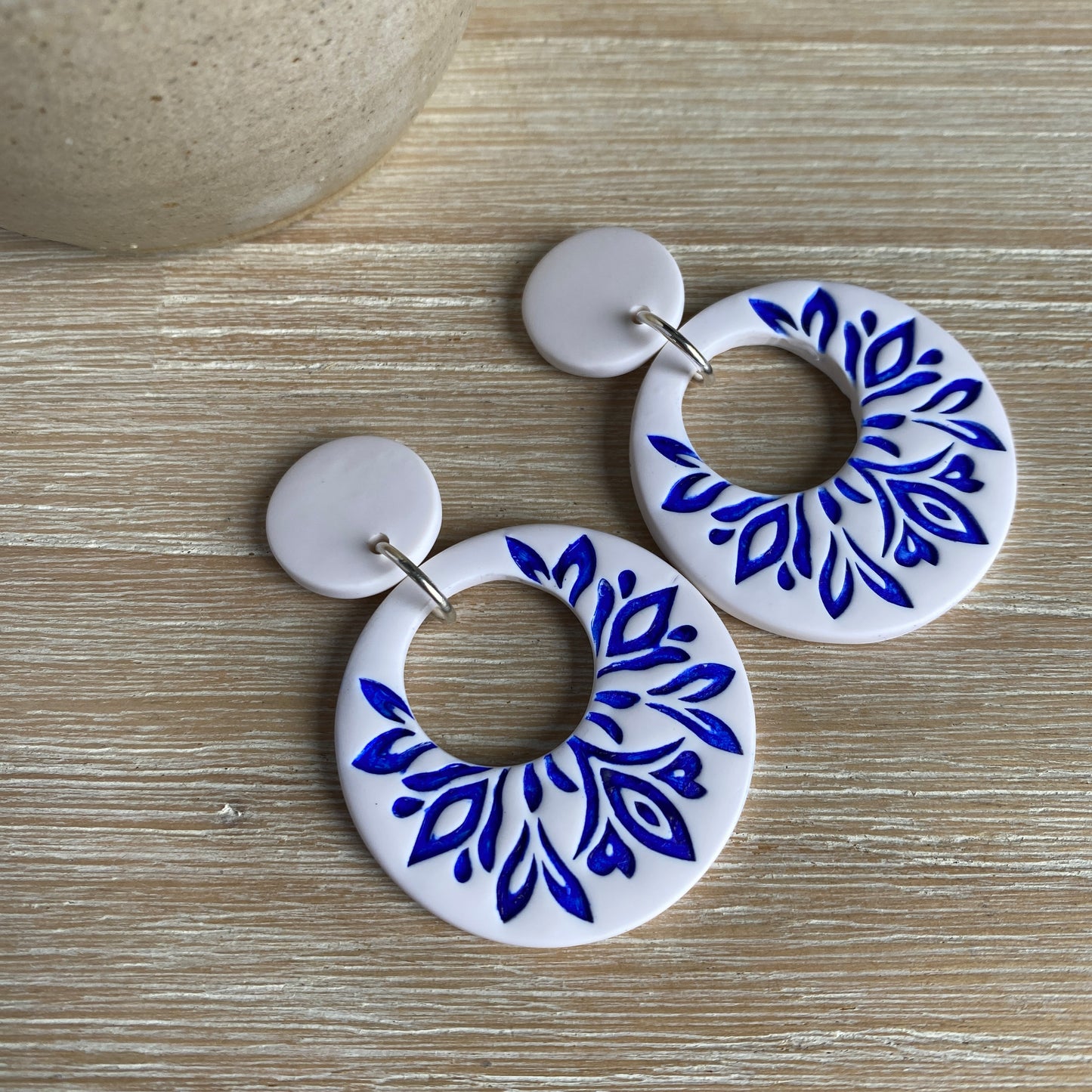 ‘Mandala Donut' Statement Dangles: White and Cobalt