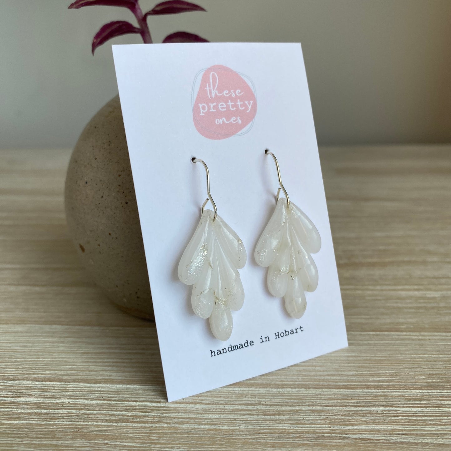 'White Pearl' Midi Dangles: Long Leaf on Hooks