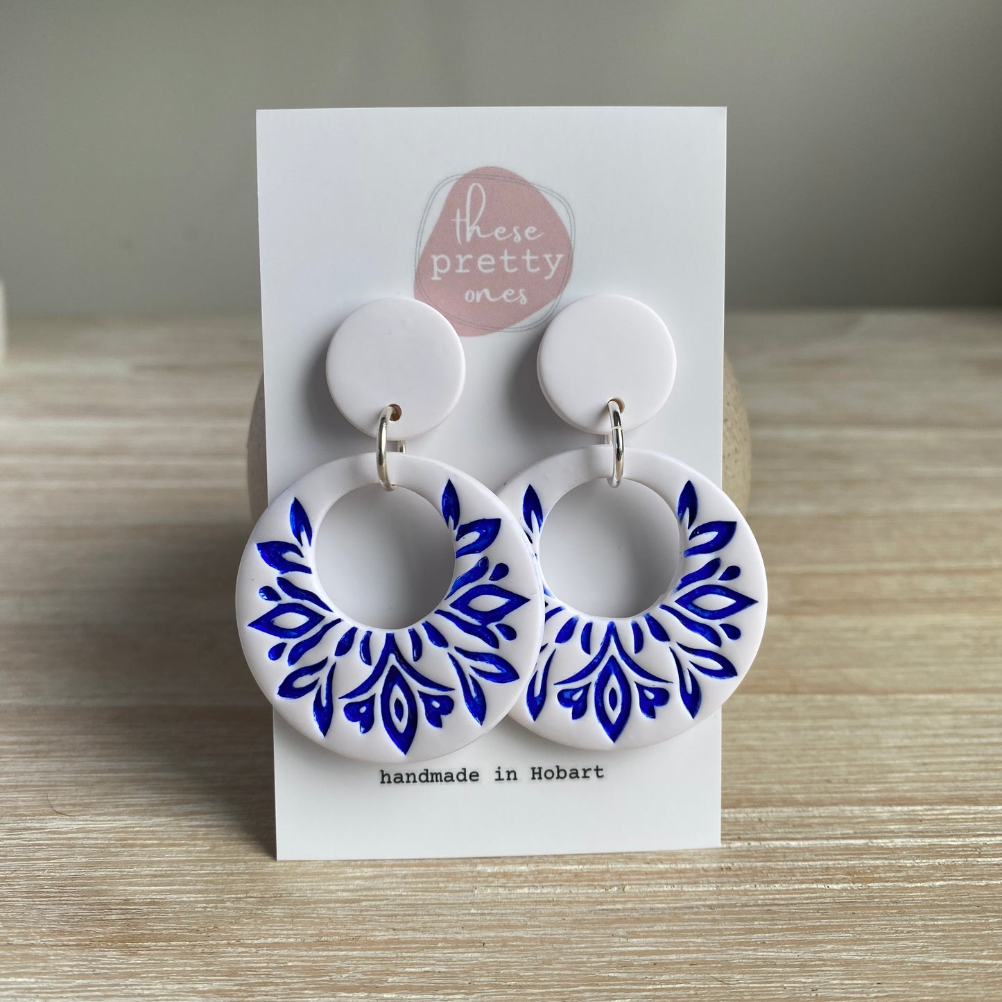 ‘Mandala Donut' Statement Dangles: White and Cobalt