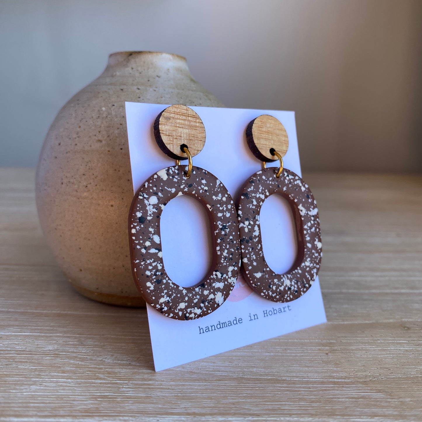 'Speckled Chocolate' Midi Dangles: Tasmanian Oak Stud Tops