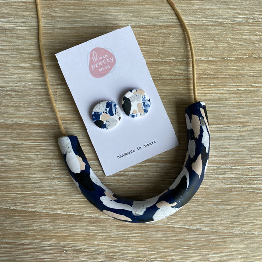 Studs + Tube Necklace: Navy Terrazzo