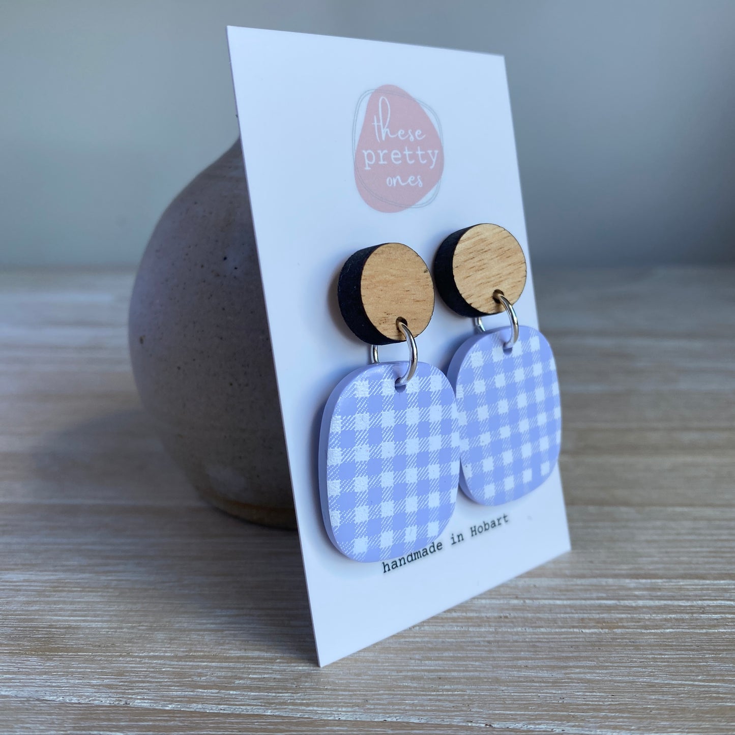 'Lilac Gingham' Midi Dangles: Oak Stud Tops