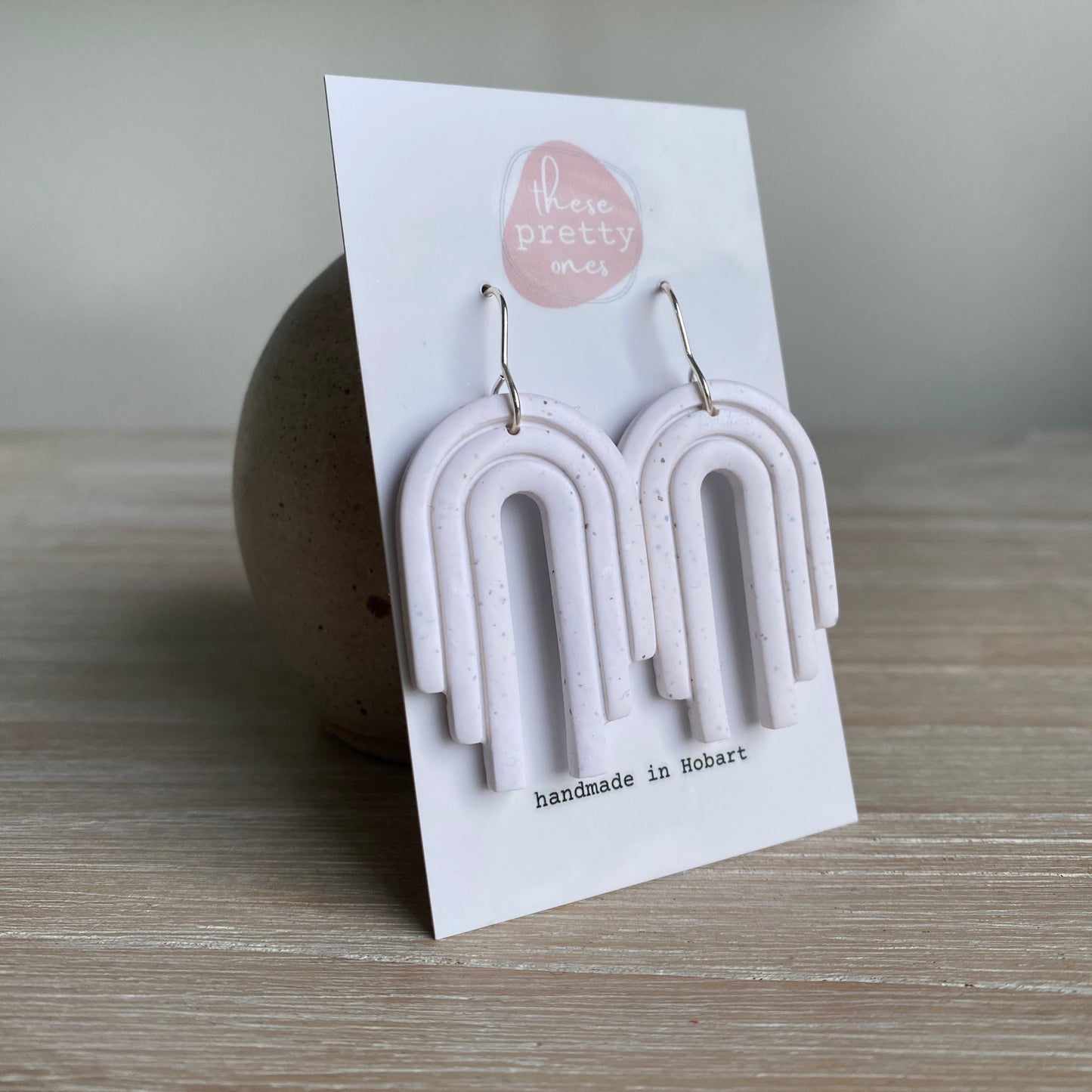 'Rainbow Arches' Statement Dangles: White Granite