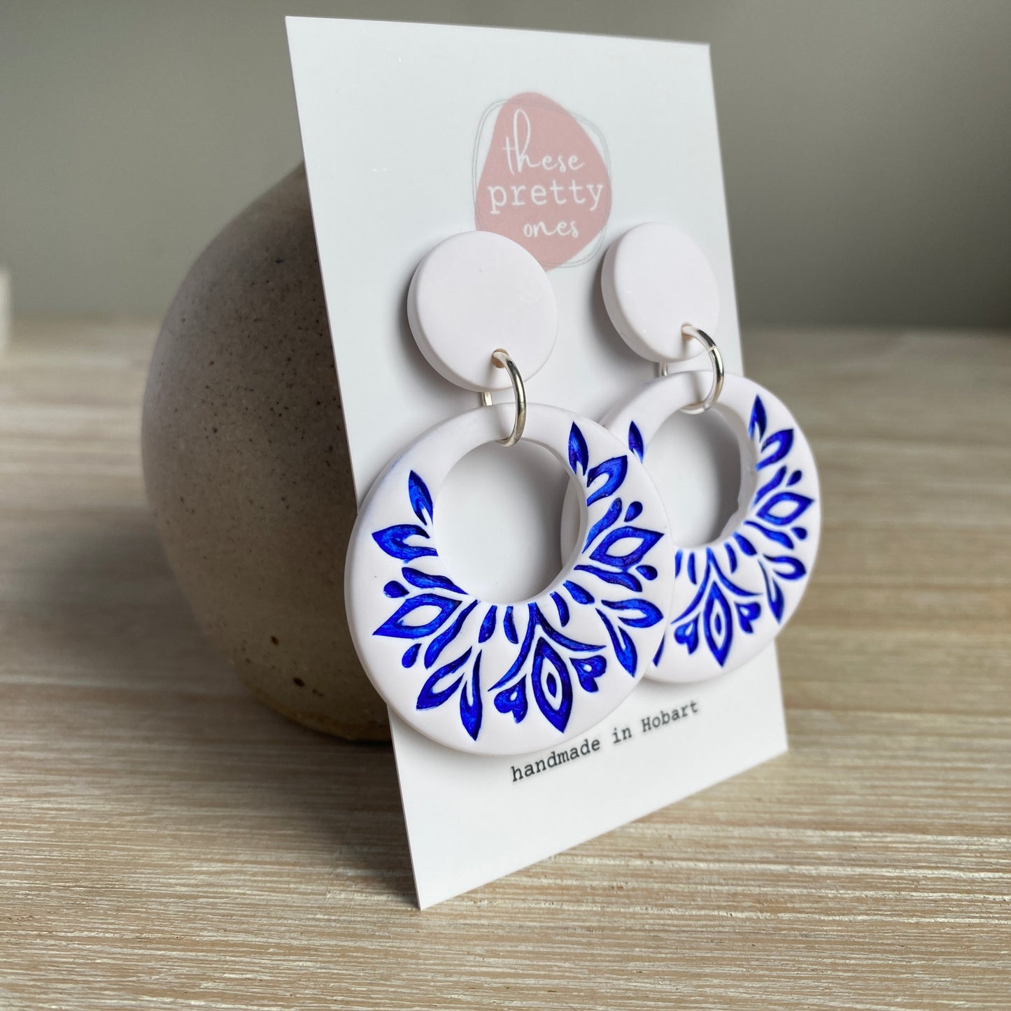 ‘Mandala Donut' Statement Dangles: White and Cobalt
