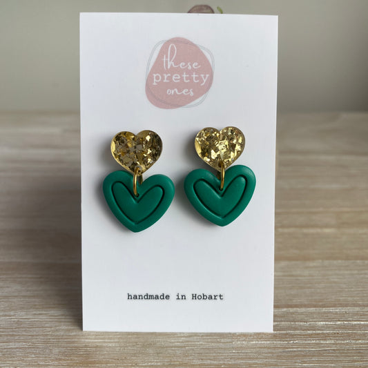 'Emerald' Midi Dangles: Hearts with Gold