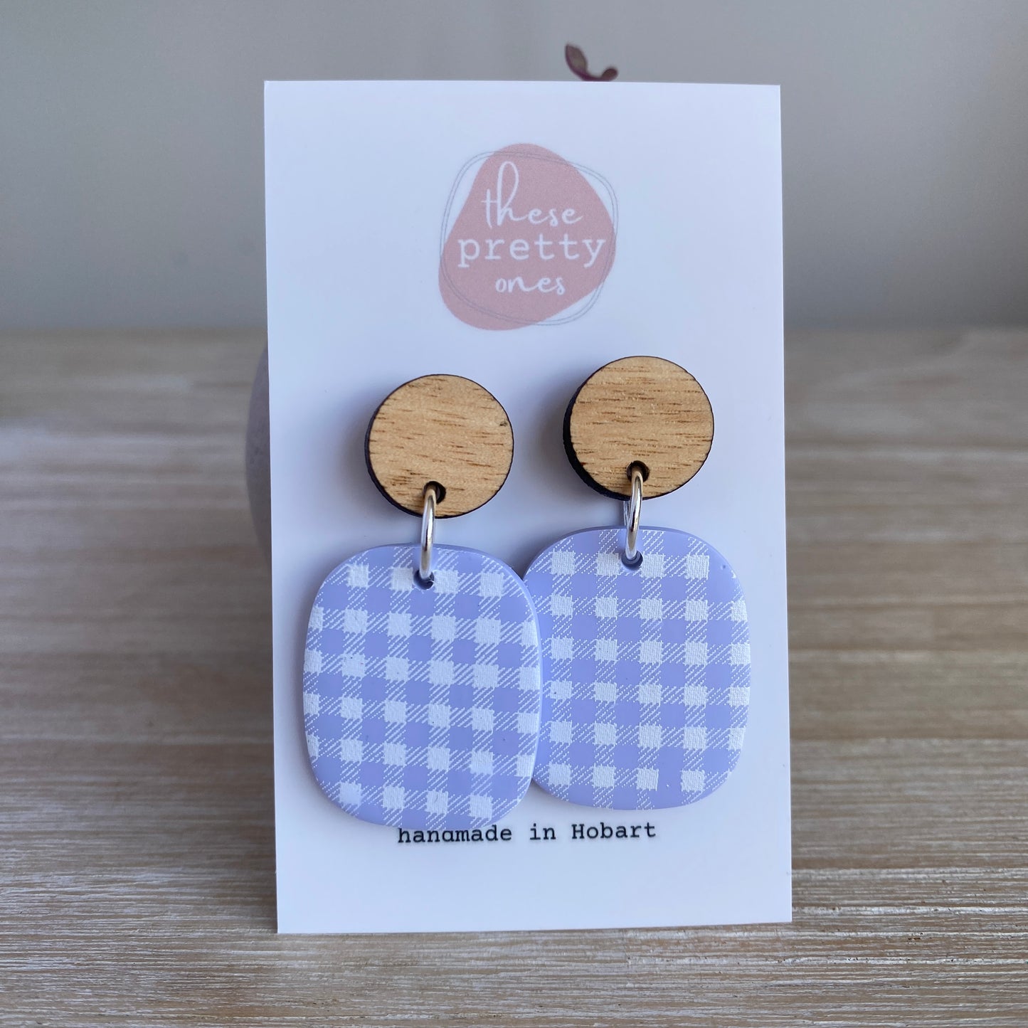 'Lilac Gingham' Midi Dangles: Oak Stud Tops