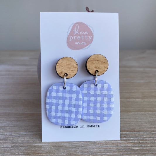 'Lilac Gingham' Midi Dangles: Oak Stud Tops