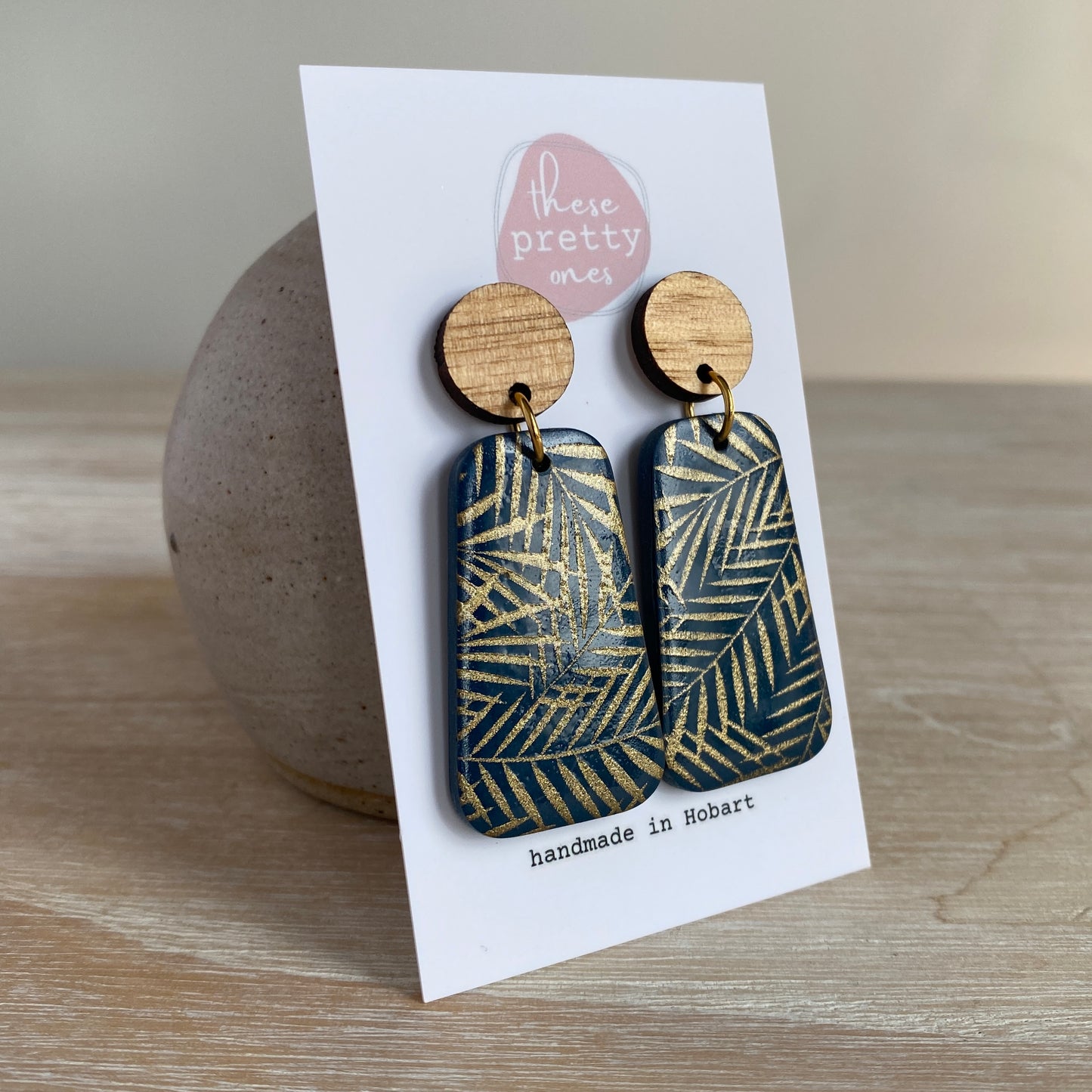 'Navy Jungle' Statement Dangles: Oak