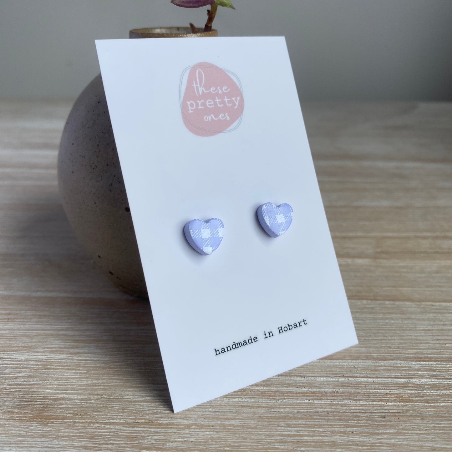 'I Heart You' Mini Studs: Lilac Gingham