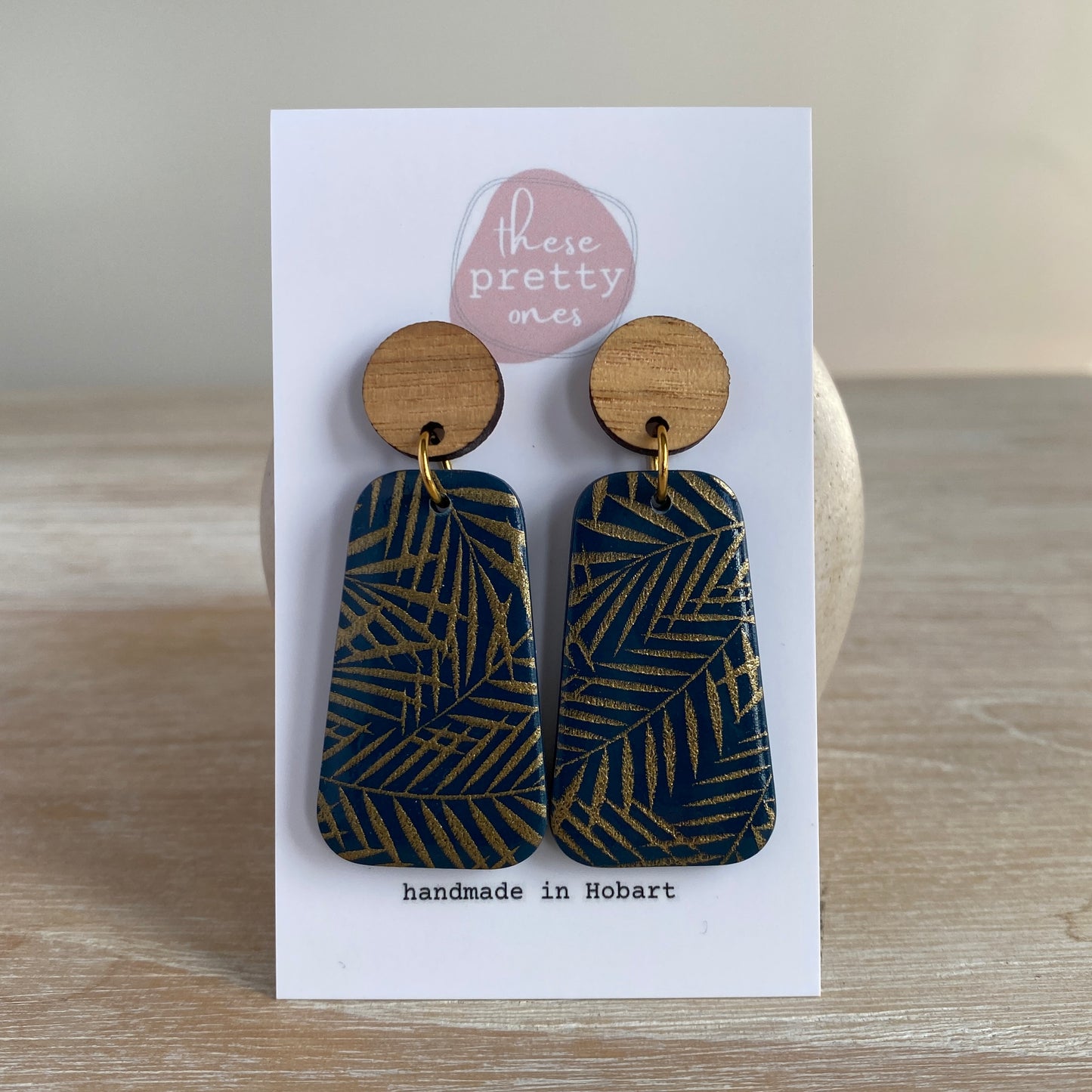 'Navy Jungle' Statement Dangles: Oak