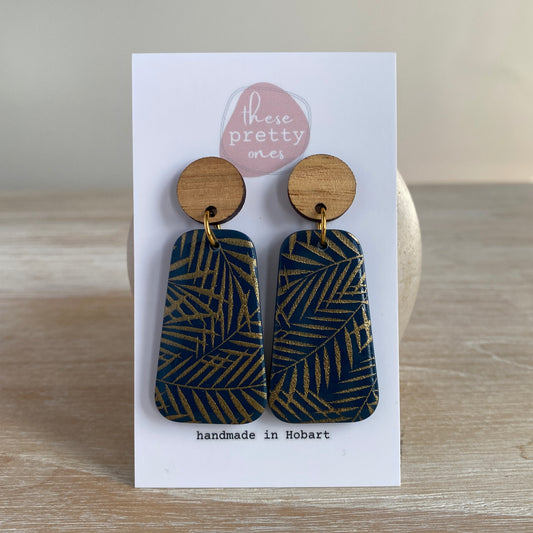 'Navy Jungle' Statement Dangles: Oak
