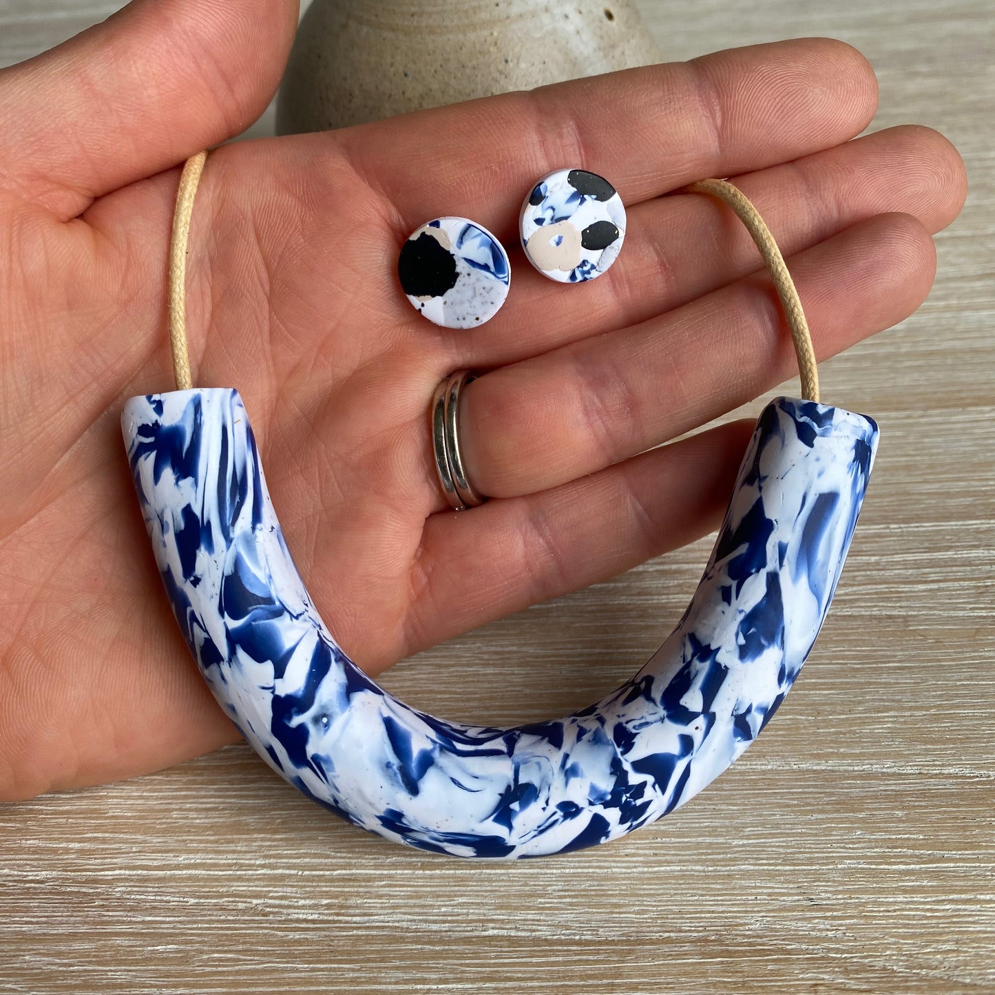 Studs + Tube Necklace: Navy Marble